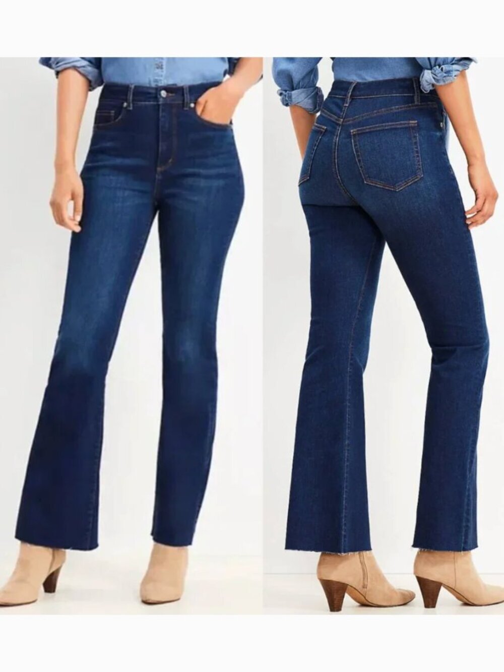 ANN TAYLOR LOFT High Rise Slim Flare Jeans Dark Wash Raw Hem High Waisted PETITE